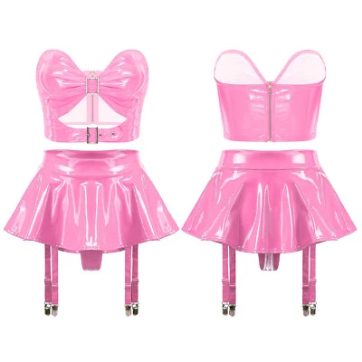 Womens Rave Dance Outfits Leather Set Zipper Crop Top with Garter Belts Skirts - Image 1 of 4