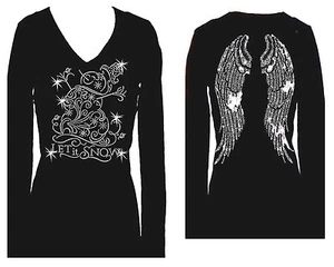 SCHNEEMANN ENGELSFLÜGEL WEIHNACHTEN STRASS V-AUSSCHNITT LANGARM BLING T-SHIRT - Bild 1 von 3