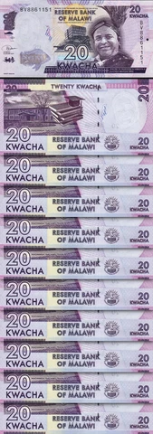 Malawi 20 Kwacha 2019, UNC, 10 Pcs LOT, Consecutive, P-63 New Sign Cover