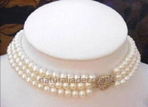 Real Natural 7-8/8-9/9-10MM White Akoya Freshwater Cultured Pearl 3 Row Necklace - Picture 1 of 8
