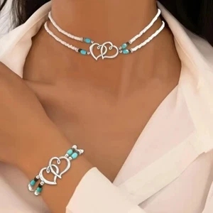 Juego de collar y pulsera colgante de doble capa azul/blanco con cuentas en forma de corazón - Imagen 1 de 4