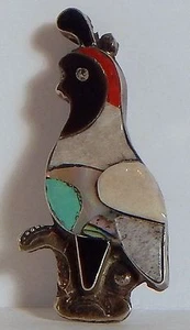 BROCHE COLGANTE DE INCRUSTACIÓN ZUNI PLATA DE COLECCIÓN CODORNIZ PÁJARO TURQUESA CORAL MOP JET - Imagen 1 de 3