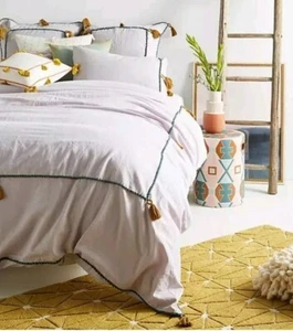 Anthropologie Duvet Tasseled Border Linen Lilac Purple Teal Gold Twin Pillow - Picture 1 of 11