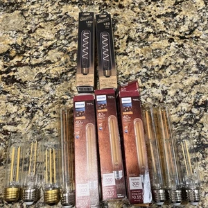 (12) Long Philips T10 LED Bulbs 40W Amber glass Vintage Dimmable Feit NEW!! - Picture 1 of 3