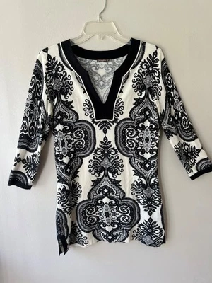 J.McLaughlin Talla S Negro Marfil Suéter Elástico Pullover Túnica Blusa Cuello en V Foto 1 de 4