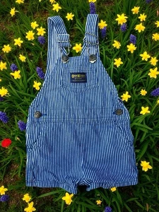 OSHKOSH Baby RAILROAD STRIPE BLUE JEAN SHORTALLS - Picture 1 of 4