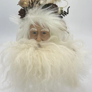 Grande ornamento rustico testa di Babbo Natale in legno 11" - crema e oro con barba - Foto 1 di 7