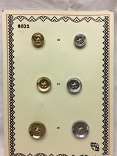 Vintage Button Card EM Co. Metal 6 Buttons Display Card Gold and Silver
