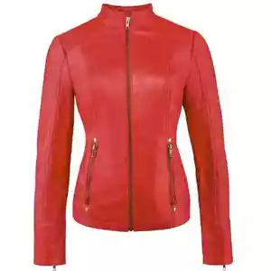 Ladies Women's Real Genuine Leather Jacket Red Classic Retro Biker Racer Jackets - Picture 1 of 4