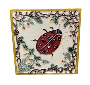 Lady Bug Art Tile Ceramic Glazed by Chris Wilsker Standing Frame Back Floral Art - Imagen 1 de 5