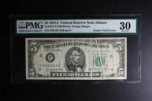 1981A $5 Dollar Bill Dual Gutter Fold Error PMG VF30.  LOOK*** - Picture 1 of 6
