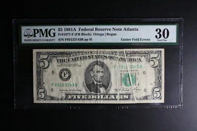 1981A $5 Dollar Bill Dual Gutter Fold Error PMG VF30.  LOOK*** - Image 1 of 4