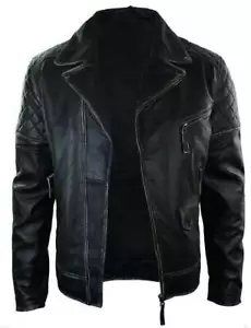 Men's Marlon Brando Style Classic Black Distressed Biker Leather Jacket - Picture 1 of 2