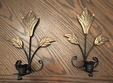 2 Wall Mount Retro Mid Century Black Gold Metal VTG Candle Holders Leaf Design