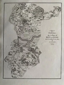 Mapa antiguo de 1796: parroquias en condados de Kent y Essex a 12 millas de Londres - Imagen 1 de 2