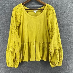 New Time And Tru Blouse Women 2XL Yellow Long Sleeve Round Neck Cotton Casual - Picture 1 of 8