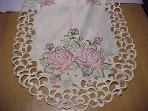 Vintage White Floral Embroidered Table runner W Pink rose Florals approx 70 in. - Picture 1 of 6