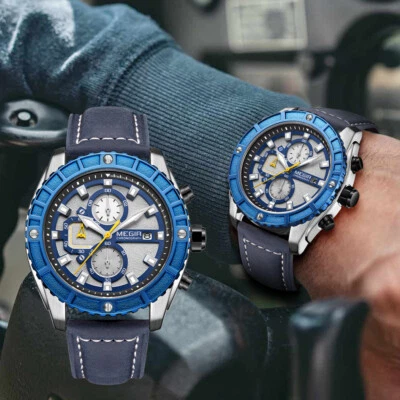 Relojes de pulsera de cuero impermeables cronógrafo de cuarzo informales MEGIR para hombre Foto 1 de 4