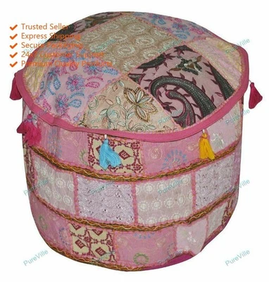 Indian Vintage Floral Pouf Ottoman Cover Footstool Ethnic Room Decor - Image 1 of 4