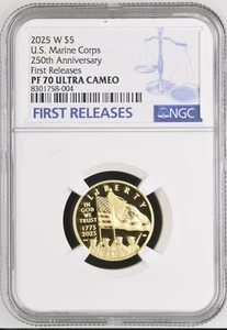 2025-W Proof $5 US Marine Corps Gold 250th Anniversary NGC PF70 First Releases  - Picture 1 of 2