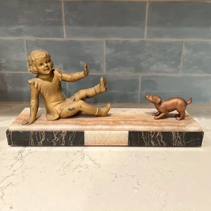 Salvatore Melani (1902-1934) Antique Sculpture Art Deco Little Girl & Dog 17.5”L - Picture 1 of 23