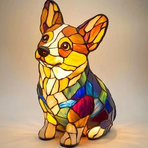 Retro Dog Art Night Light French Stained Resin Animal Tabletop Desk Night Lamp - Picture 1 of 15