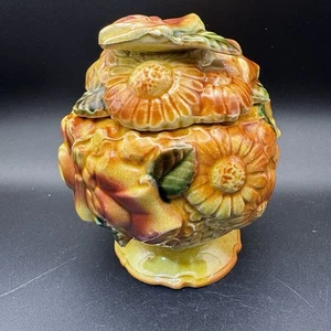 Vintage Majolica Style Sunflower Ceramic Jar w/ Lid 4.5” Hand Painted Pottery - Picture 1 of 10