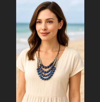 J. Jill Indigo Sodalite Cascading Strand Necklace Blue Silver Beads Adjustable - Image 1 of 4