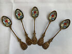 Vtg Copper & Enamel Demitasse Set of 5 Floral Spoons Made in Czechoslovakia