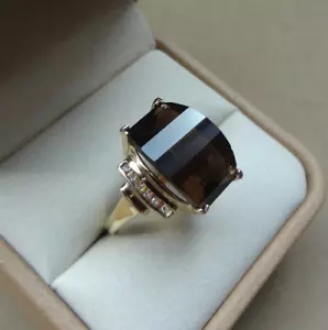 ANILLO DE CORTE ELEGANTE CURVADO TOPACIO AHUMADO 14K YG 11,50 CT CON DETALLES DE DIAMANTES - Imagen 1 de 9