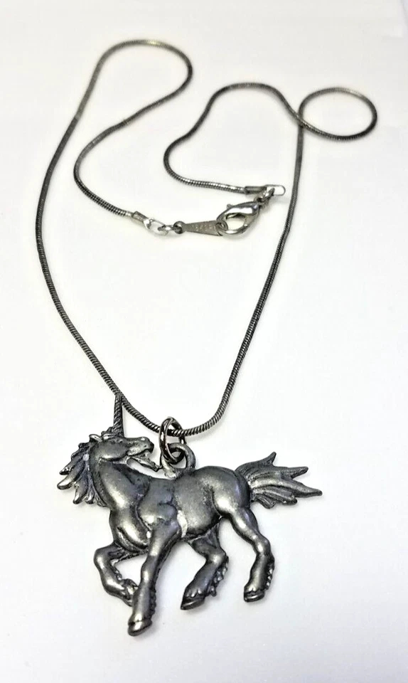 Vtg Stamped 18kgp White Gold Necklace Unicorn Pendant Costume 16 Inch Foto 1 de 4