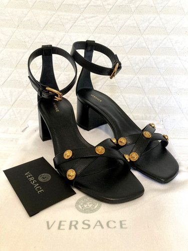 Sandalo donna Versace Medusa testa impreziosito Vitello nero tacco S 37 MRSP $795