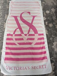 Rare! 2012 Victoria’s Secret VS Logo Striped Beach Towel White & Pink 34x60