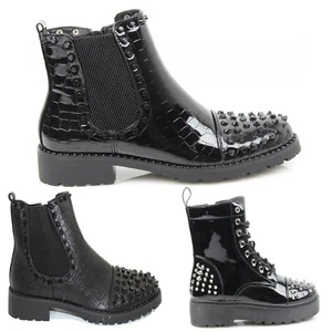 WOMEN SPIKES PUNK GOTH BIKER CHUNKY PLATFORM STUDDED CHELSEA ANKLE BOOTS - Picture 1 of 16