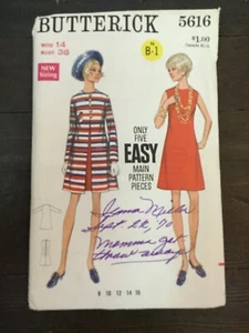Butterick Vtg 60s A-Line Dress Jewel Neckline Sleeveless Coat Sz 14 Bust 36 UC - Picture 1 of 6
