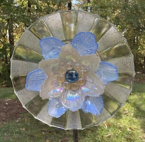 Blue/Yellow Blossom & Clear Glass Garden Flower Repurposed Suncatcher Yard Art - Picture 1 of 6