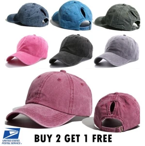 Ponytail Baseball Cap Washed Cotton Polo Style Mesh Caps Plain Adjustable