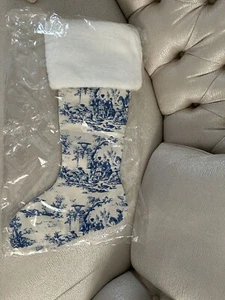 Allstate Floral for Williams-Sonoma Toile Christmas Stocking w/Fur Trim, BLUE - Picture 1 of 2