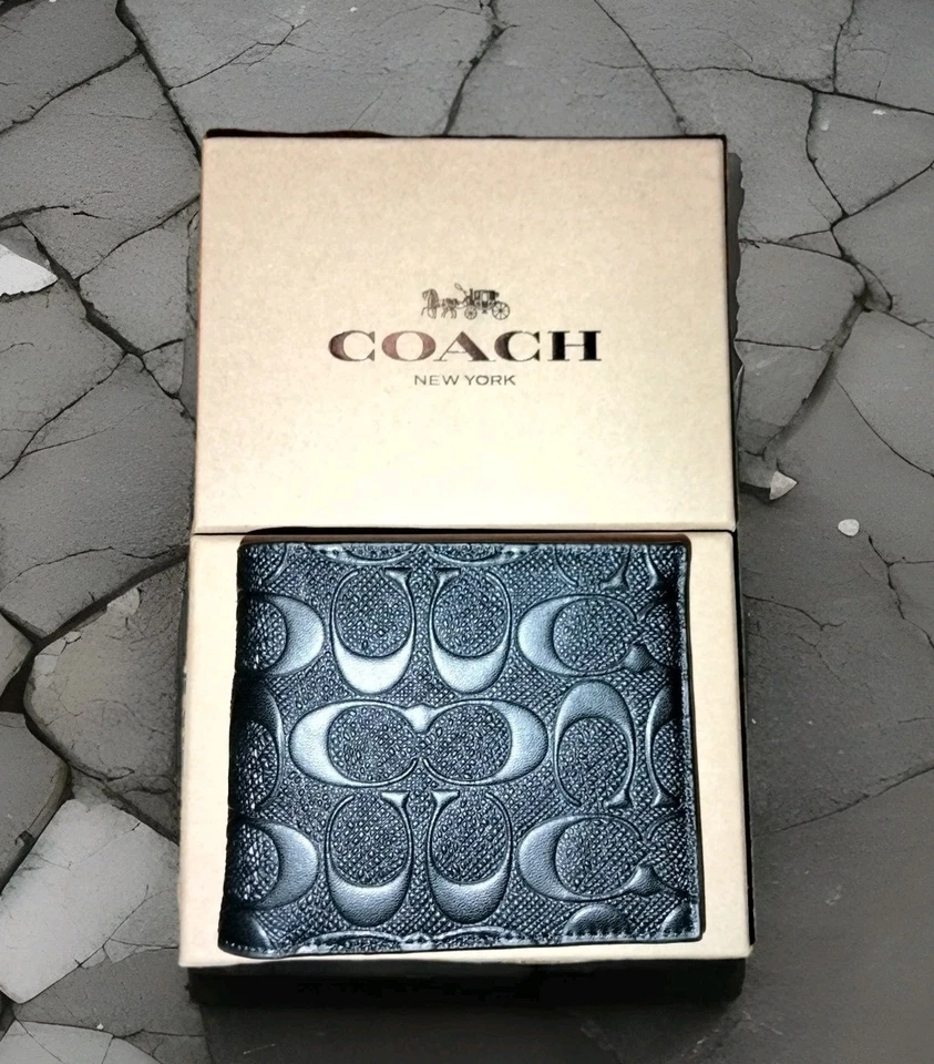 Coach Raised Black Canvas & Leather Wallet Bifold Embossed Leather Jacquard C - Image 1 of 4