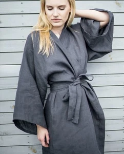 NUEVO CON ETIQUETAS Bata Kimono Haven Algodón Orgánico Mezcla Lino UNISEX L/XL Gris Hasta la Rodilla - Imagen 1 de 8