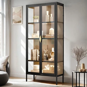 Metal Display Cabinet w/ Glass Door 4 Shelf Cupboard Sideboard Storage LED Light - Picture 1 of 10