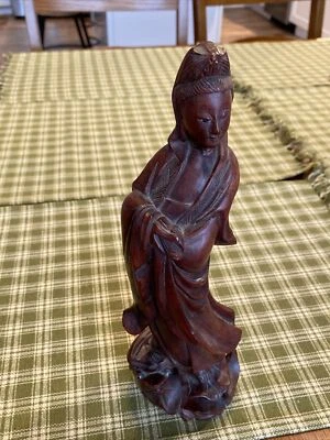 Antique Vtg Asian China Chinese Carving of Goddess Woman Standing On Fish 10.25” - Image 1 of 4