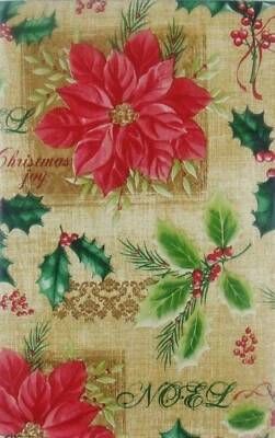 Poinsettias and Holly with Christmas Tags Vinyl Flannel Back Tablecloth Var Size - Image 1 of 3