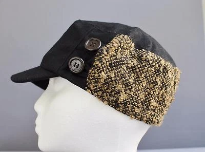 Boné de tweed preto bronzeado newsboy boné cadete fidel mistura de lã botões de táxi beisebol - Imagem 1 de 4