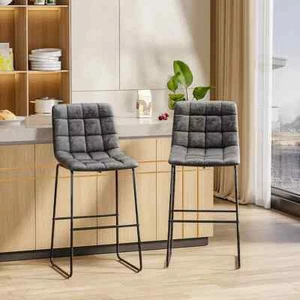 Bar Stools Set of 2 Grey Tufted Faux Leather Counter Height Bar Stools - Picture 1 of 3