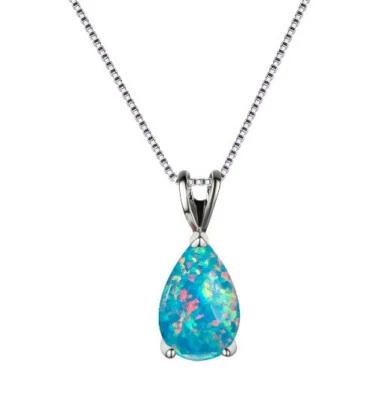 Xmas Gift Love Drop Blue Fire Opal Gems 925 Sterling Silver Necklace Pendants - Image 1 of 4