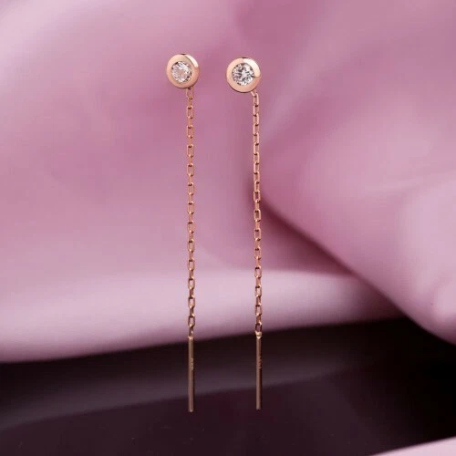 Small threader CZ earrings russian rose gold 585 /14k NWT new - Image 1 of 1