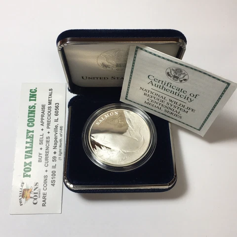 2003 NATIONAL WILDLIFE REFUGE SYSTEM CENTENNIAL SALMON SILVER PROOF MEDAL W/OGP! Cover