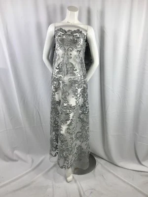 TELA DE ENCAJE - LENTEJUELAS BRILLANTES BORDADO MALLA DISEÑO DAMASCO - GRIS - 54" ANCHO - 1 YARDA. Foto 1 de 4