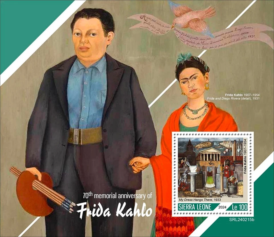 Frida Kahlo 70th Memorial Paintings Art MNH Stamps 2024 Sierra Leone S/S - Image 1 of 1